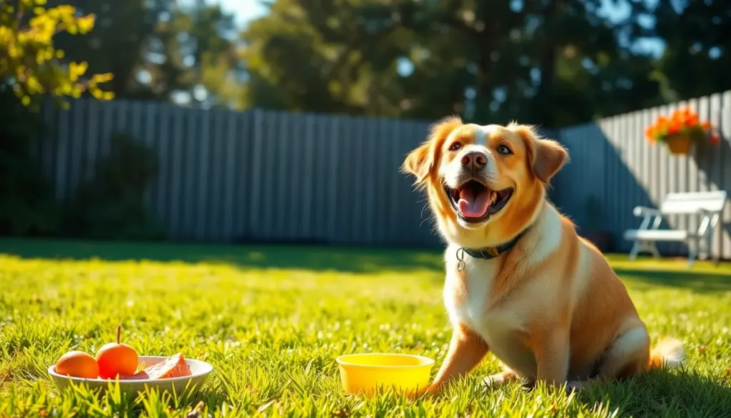 A happy dog sitting in a sunny yard waiting for food