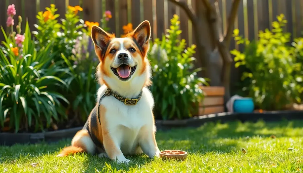 A happy dog sitting in a sunny yard waiting for food