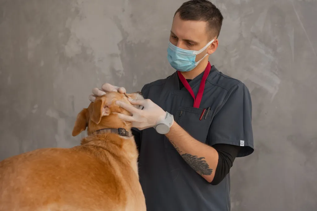 A veterinarian examining a concerned golden retriever with almonds scattered on the examination table