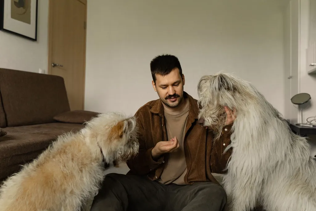 A concerned dog owner showing almonds to a veterinary nutritionist during a consultation with educational charts visible