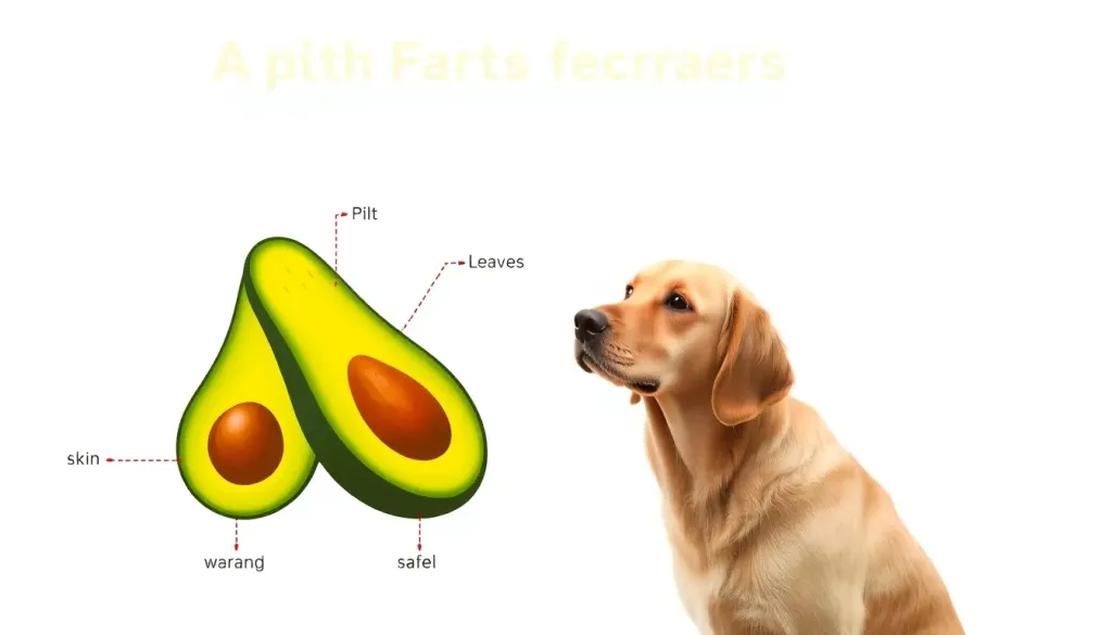 A veterinary diagram showing the parts of an avocado with the pit, skin, and leaves highlighted in red warning colors, and the flesh in safe green, with a concerned golden retriever looking at the chart