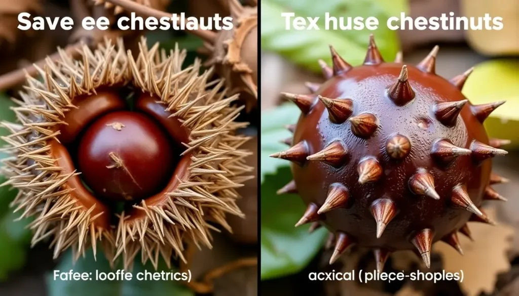 A detailed side-by-side comparison showing safe sweet chestnuts with spiky husks next to toxic horse chestnuts with their distinctive smooth round shape and larger spikes