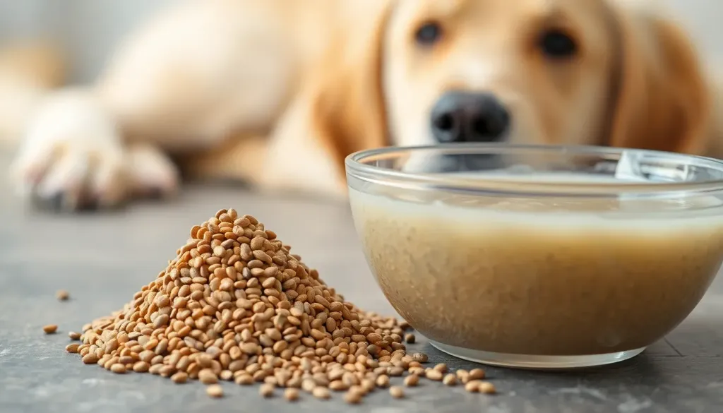 A close-up photograph of a small pile of dry chia seeds next to a bowl of soaked, gel-like chia seeds, with a happy golden retriever in the soft-focus background