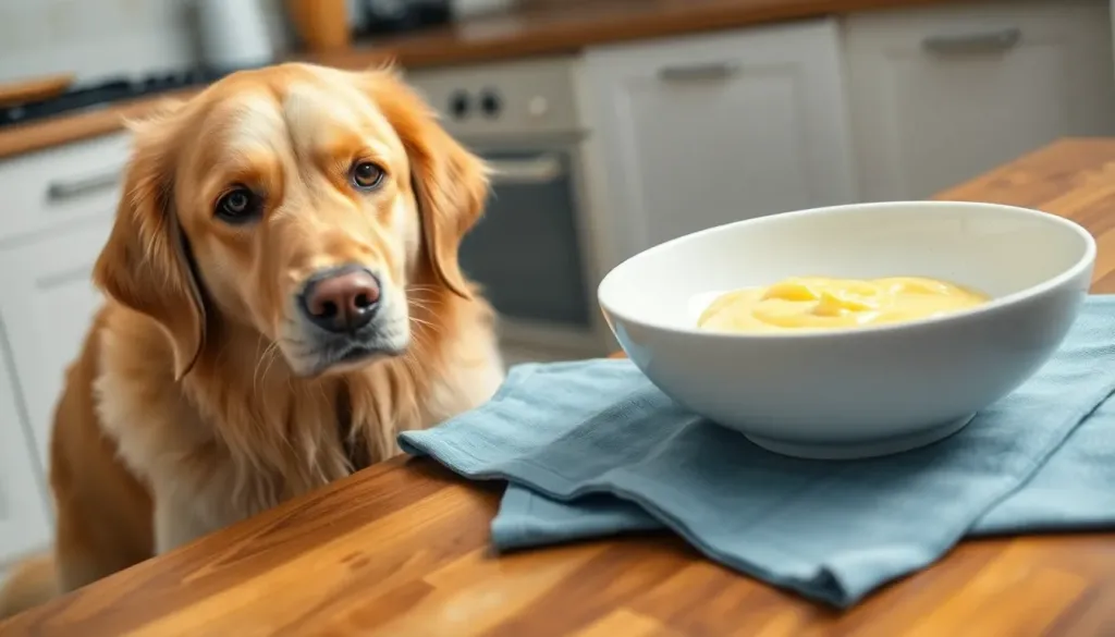 A healthy golden retriever dog sitting beside a bowl containing plain cooked scrambled eggs on a wooden kitchen table