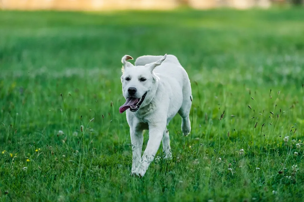 A healthy, active dog running through a field with a small bowl of grated fresh ginger visible in the corner, symbolizing natural health support