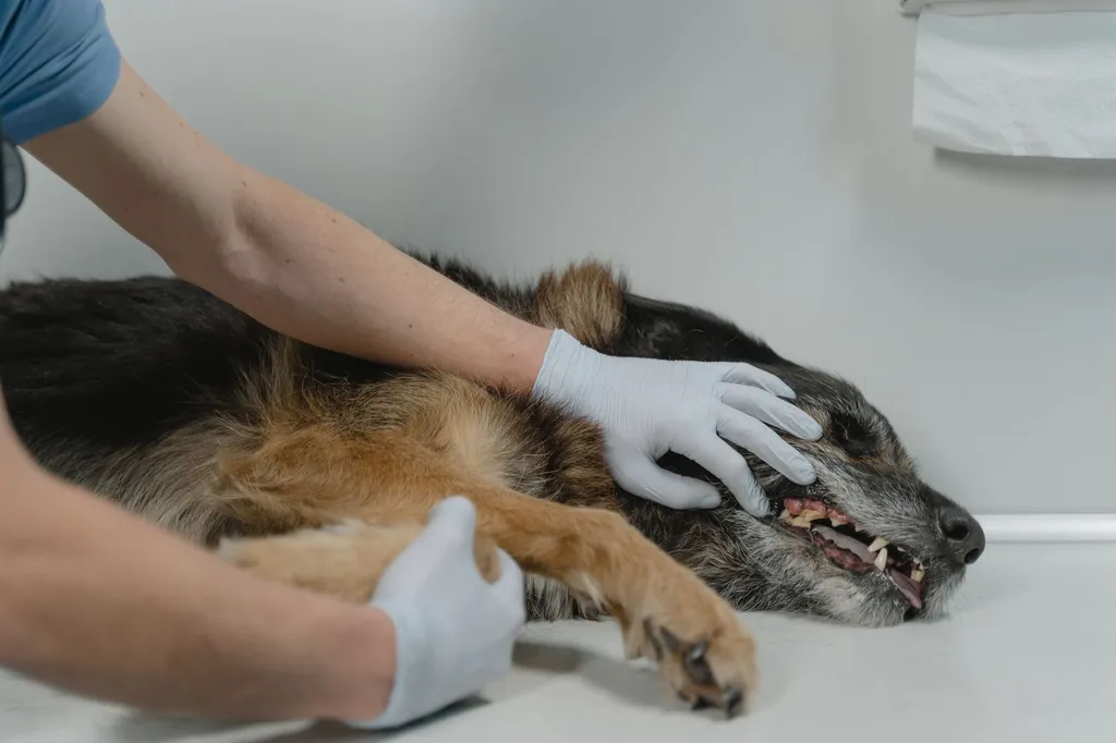 A veterinarian examining a sick dog showing symptoms of macadamia nut poisoning with medical charts showing toxic effects in the background