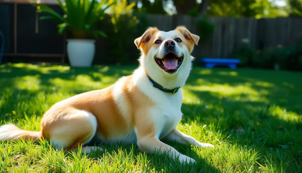 A happy dog sitting in a sunny yard waiting for food