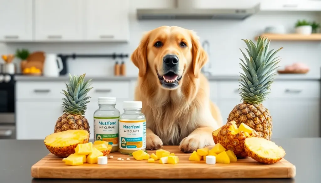 A golden retriever dog sitting attentively next to a wooden cutting board displaying fresh pineapple chunks, whole pineapple, and nutritional supplement bottles in a bright modern kitchen