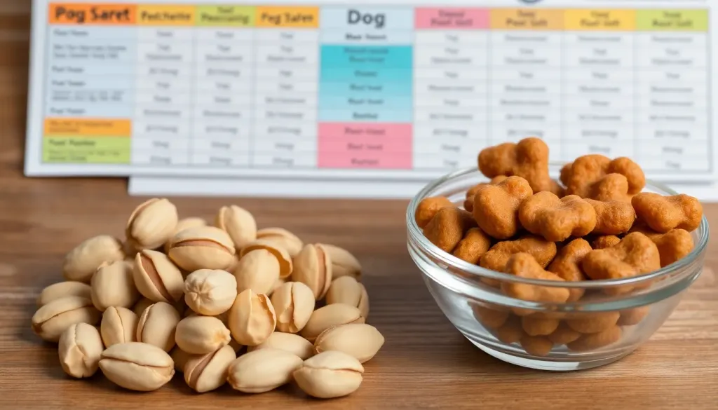 A detailed comparison image showing a handful of shelled plain pistachios next to a bowl of dog-safe treats with a veterinary chart in the background