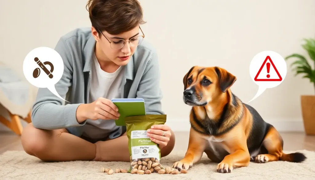 A concerned dog owner examining a package of pistachios while their dog sits nearby looking interested, with warning symbols illustrated