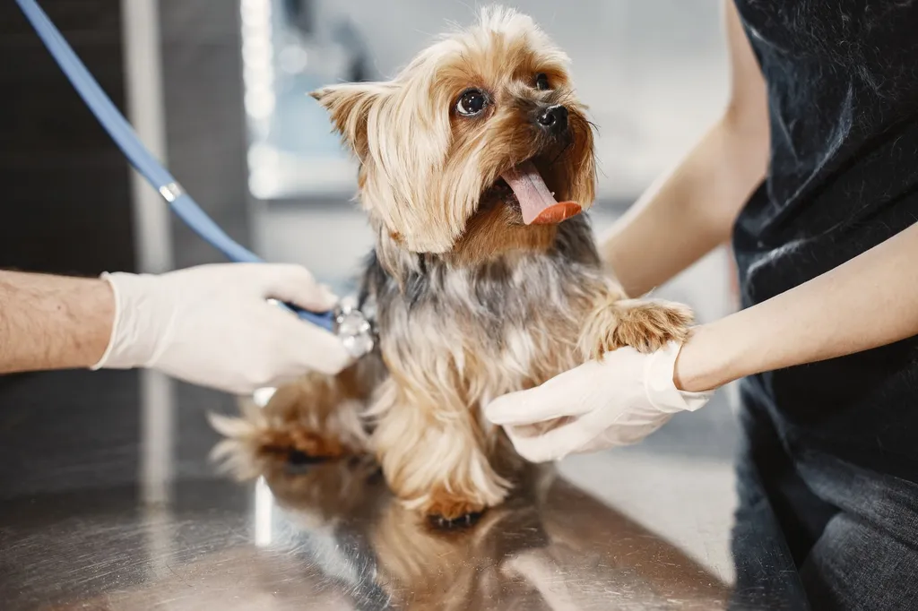 A concerned veterinarian examining a small terrier dog on an examination table with a bowl of various types of popcorn including buttered and caramel varieties displayed nearby