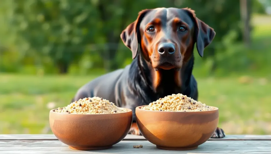 A healthy shiny-coated Labrador retriever sitting beside a wooden bowl filled with properly prepared plain cooked quinoa on a natural outdoor background