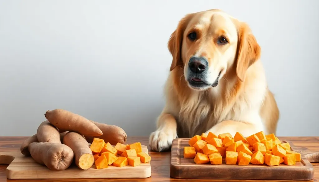 A healthy golden retriever sitting beside a wooden cutting board displaying fresh whole sweet potatoes and cooked sweet potato cubes