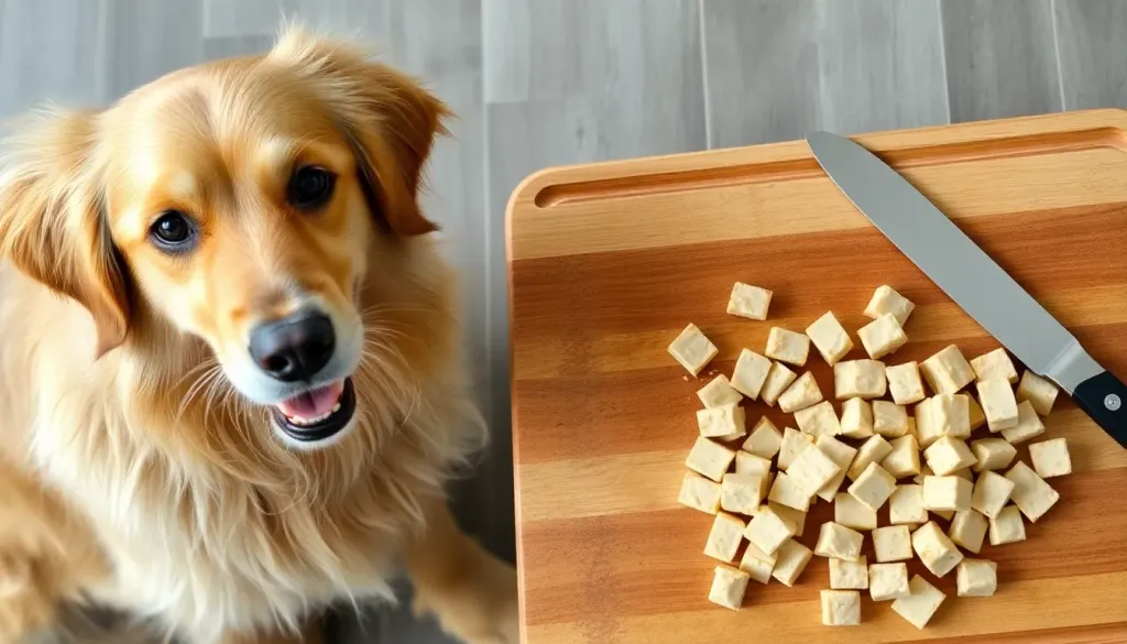 A healthy golden retriever sitting next to a wooden cutting board with plain cooked tempeh sliced into small bite-sized pieces suitable for dogs