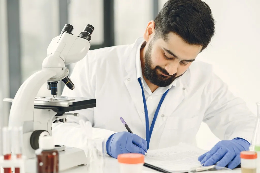 A veterinary nutritionist examining tempeh with scientific equipment and a friendly Labrador retriever in a modern clinic setting