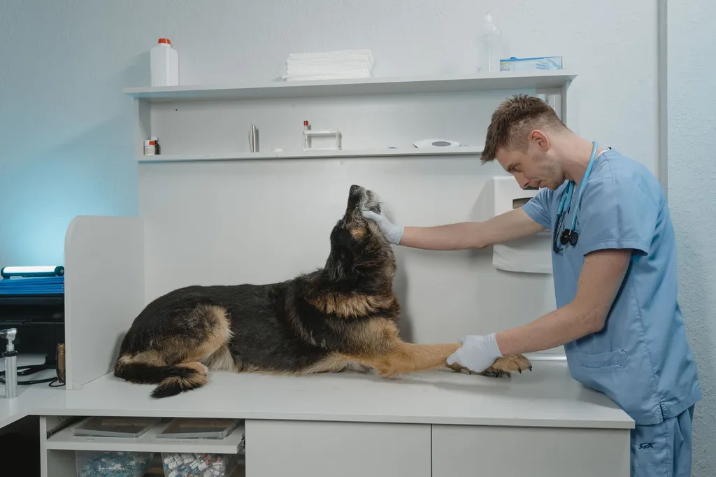 A concerned veterinarian examining a medium-sized mixed breed dog on an examination table, with medical charts and a bottle of turmeric supplement visible in the background