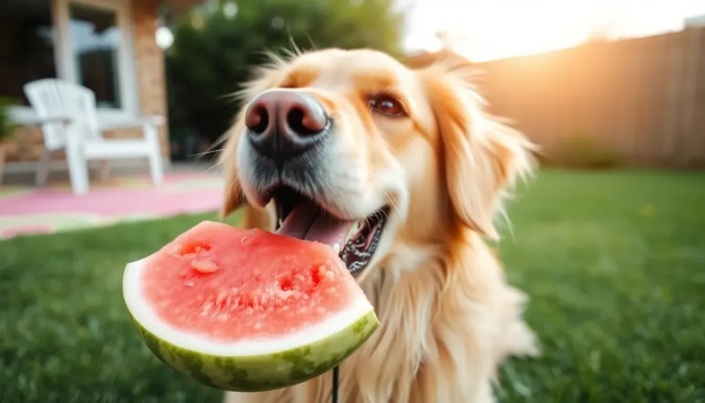 A happy golden retriever eating bite-sized pieces of fresh watermelon on a sunny day in the backyard