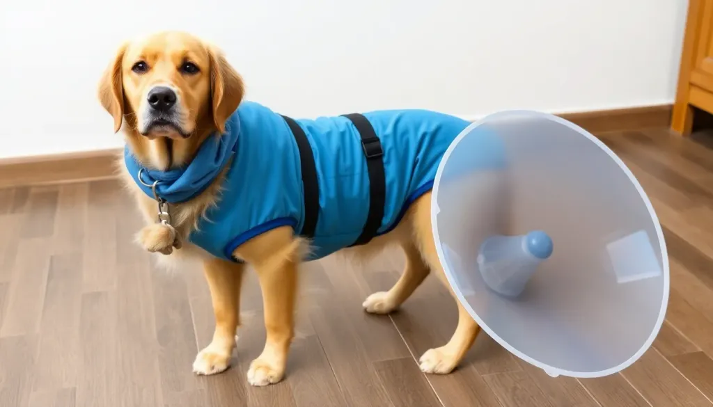 A golden retriever wearing a comfortable blue recovery suit standing next to a traditional plastic cone on the floor, showing the contrast between modern and traditional post-surgery protection methods