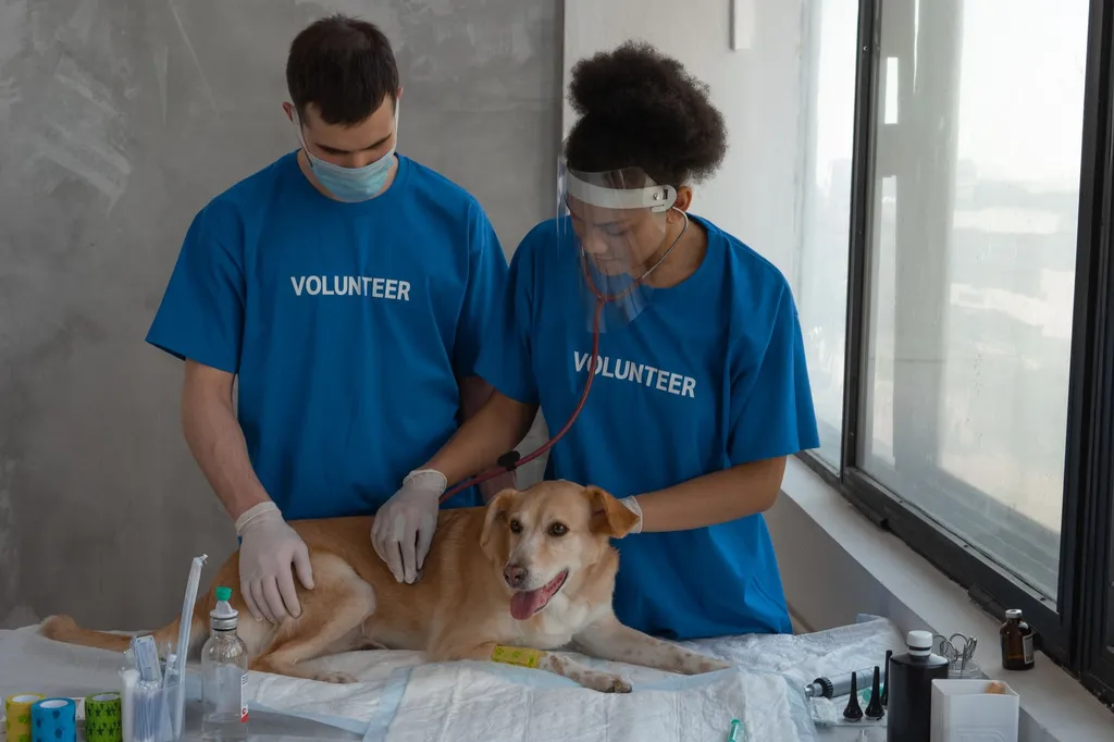 A veterinarian examining a panting golden retriever dog with a thermometer while the dog shows signs of heat distress with visible heavy breathing and red gums