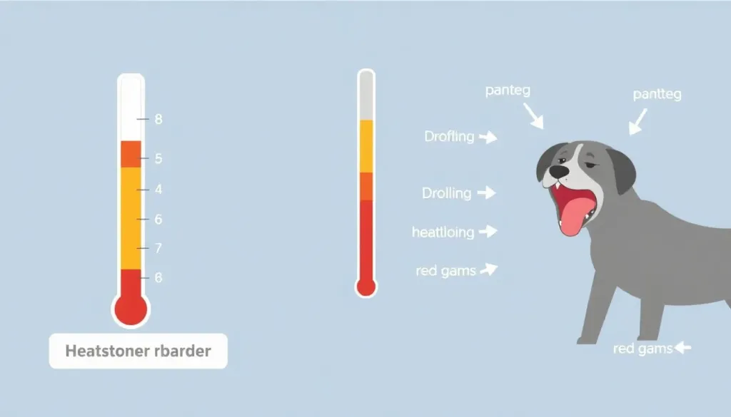 An infographic-style illustration showing a thermometer with danger zones marked, alongside a distressed dog displaying multiple heatstroke symptoms including panting, drooling, and red gums with labeled arrows