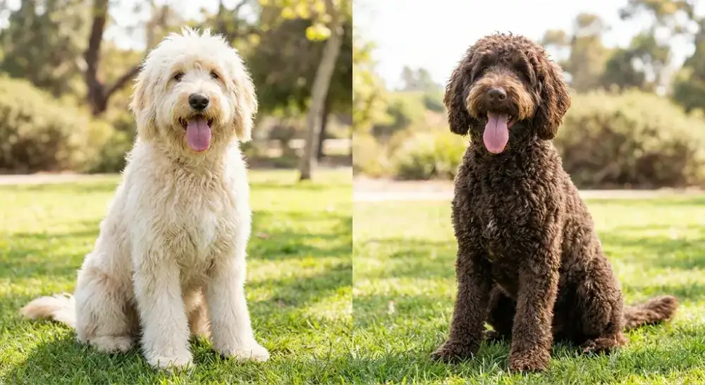 A side-by-side comparison showing a cream-colored Goldendoodle with wavy fur sitting next to a chocolate-brown Labradoodle with curlier coat texture, both dogs appearing happy with tongues out in a bright outdoor setting