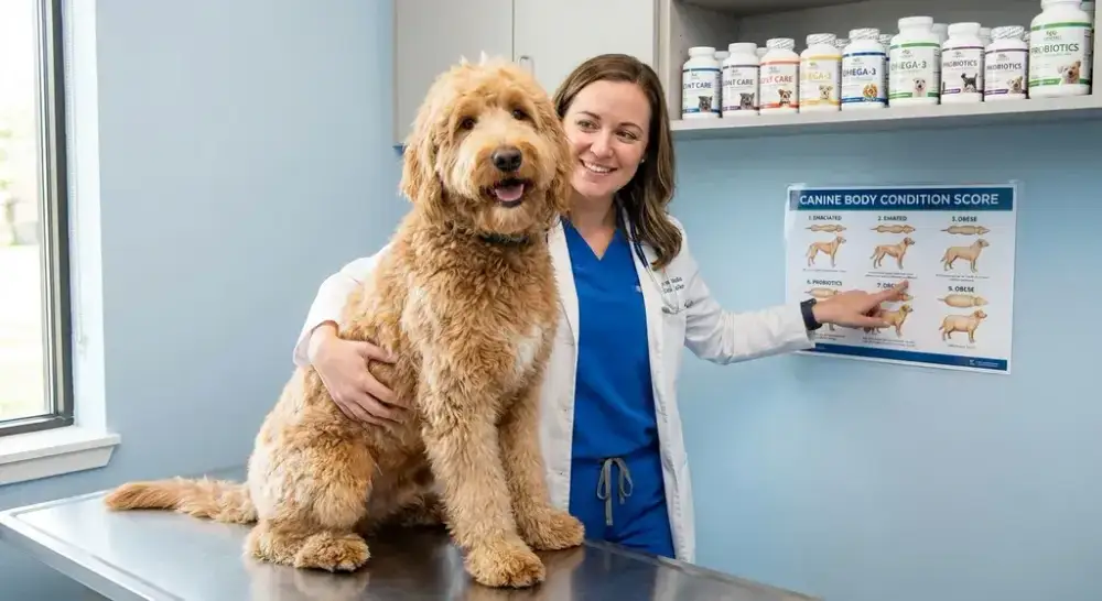 A veterinarian examining a healthy Goldendoodle on an examination table while pointing to a canine body condition score chart on the wall, with nutritional supplement bottles visible in the background