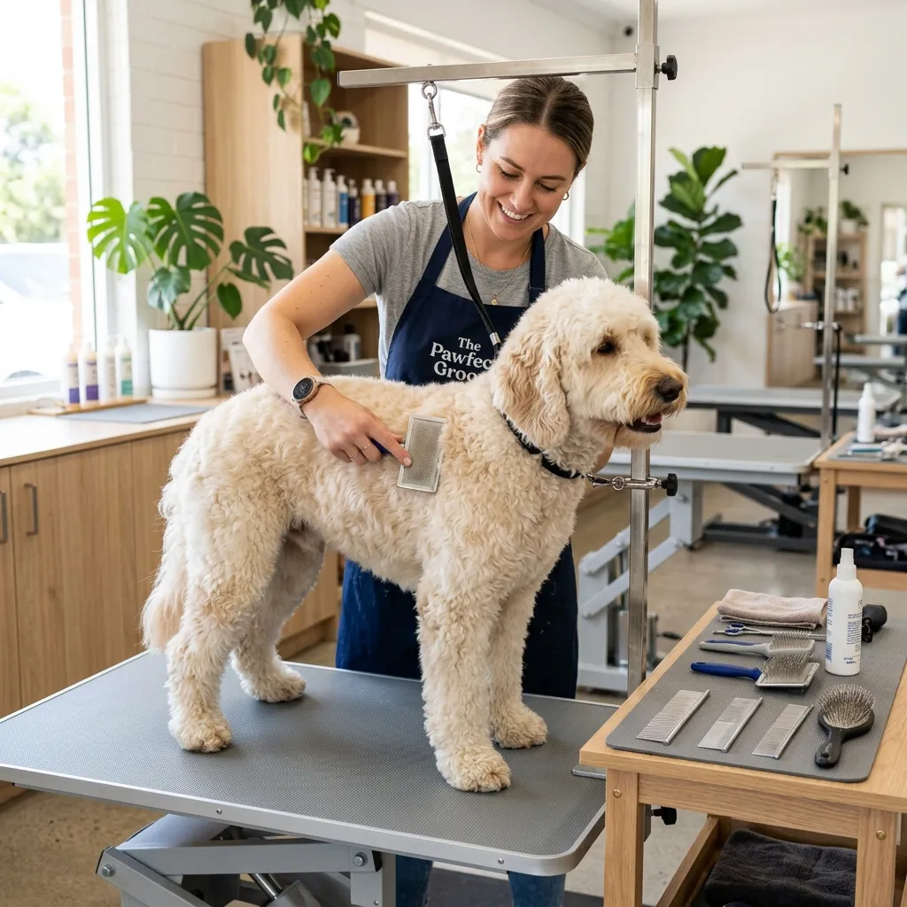 A professional groomer brushing a fluffy cream-colored Goldendoodle dog in a clean, modern pet grooming salon, with grooming tools nearby
