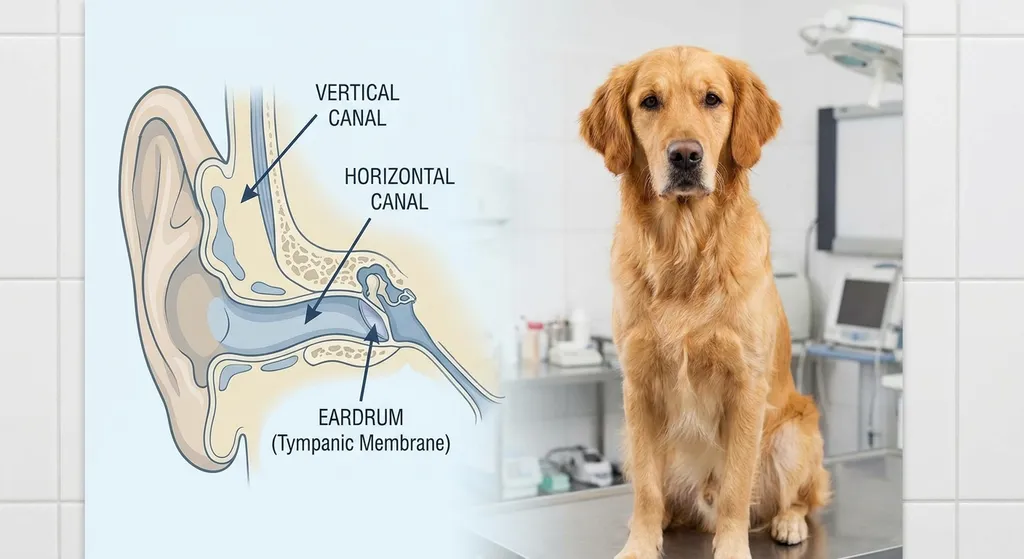 A veterinary diagram showing the anatomy of a healthy dog ear canal with labels pointing to the vertical canal, horizontal canal, and eardrum, alongside a floppy-eared Golden Retriever sitting attentively