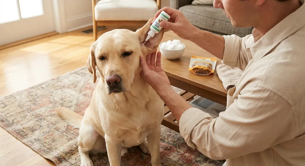 A calm Labrador Retriever sitting patiently while a person in a light-colored shirt gently holds the ear flap up and applies ear cleaning solution from a bottle, with cotton balls and treats visible on a table nearby