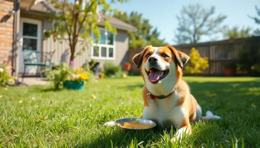 A happy dog sitting in a sunny yard waiting for food