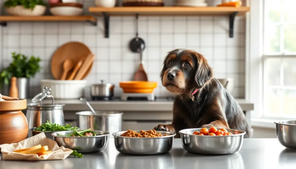 Preparing healthy organic dog meals in a clean kitchen
