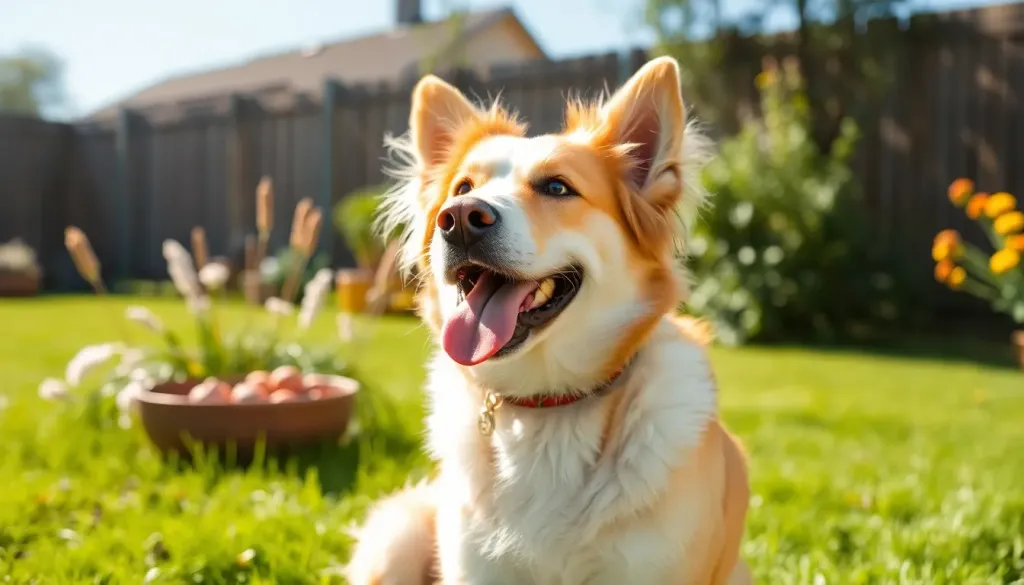 A happy dog sitting in a sunny yard waiting for food