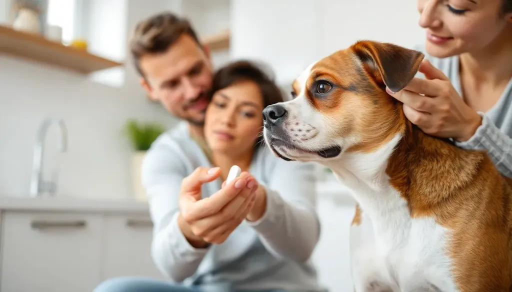 A frustrated owner trying to give a pill to a stubborn brown and white mixed breed dog who is turning their head away, sitting in a bright modern kitchen