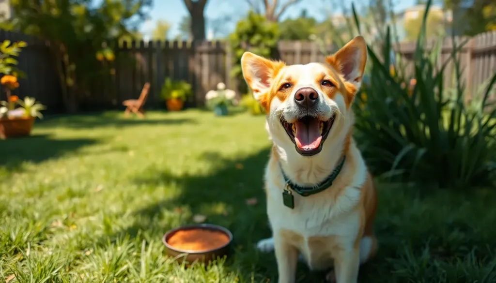 A happy dog sitting in a sunny yard waiting for food