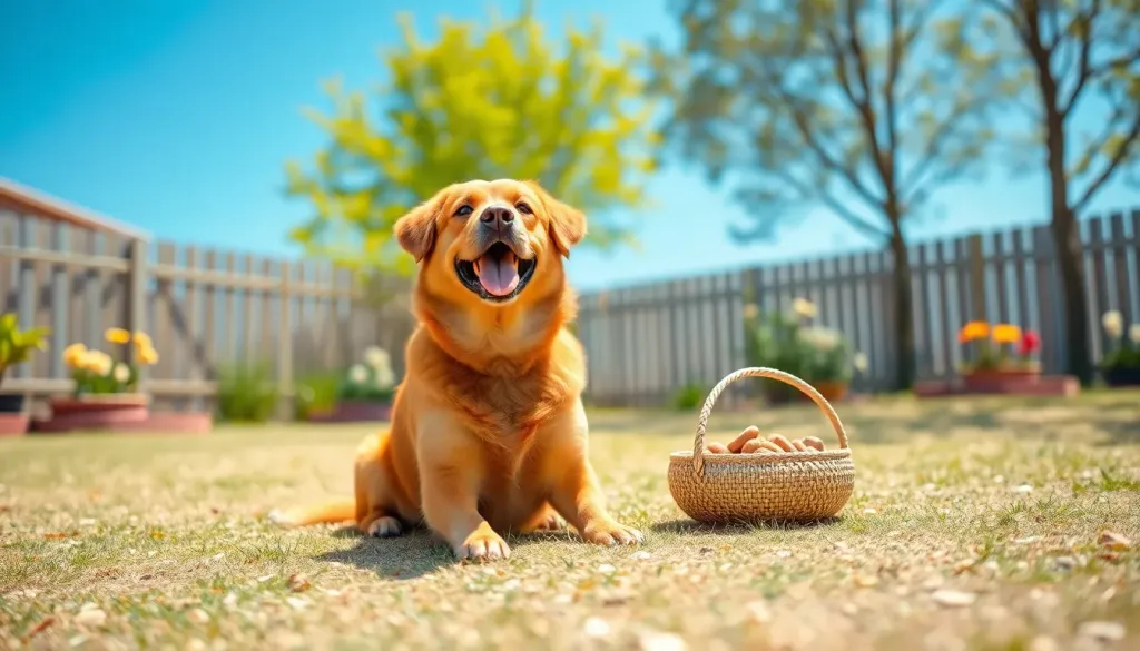 A happy dog sitting in a sunny yard waiting for food