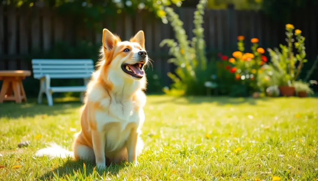 A happy dog sitting in a sunny yard waiting for food
