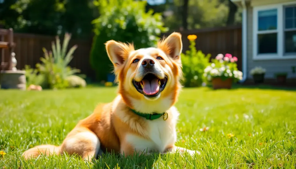 A happy dog sitting in a sunny yard waiting for food