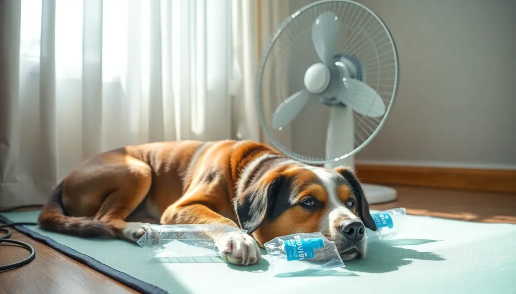 A dog resting comfortably on a cooling mat in front of a fan with frozen water bottles, with closed curtains blocking sunlight in the background