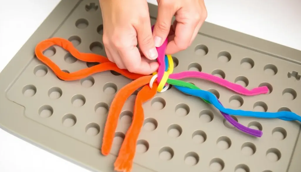 Close-up view of hands tying colorful fleece strips through holes in a rubber sink mat base, demonstrating the knotting technique for making a DIY snuffle mat