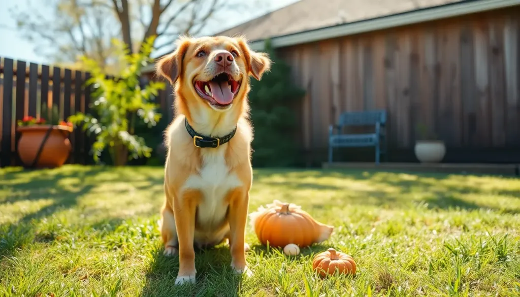 A happy dog sitting in a sunny yard waiting for food