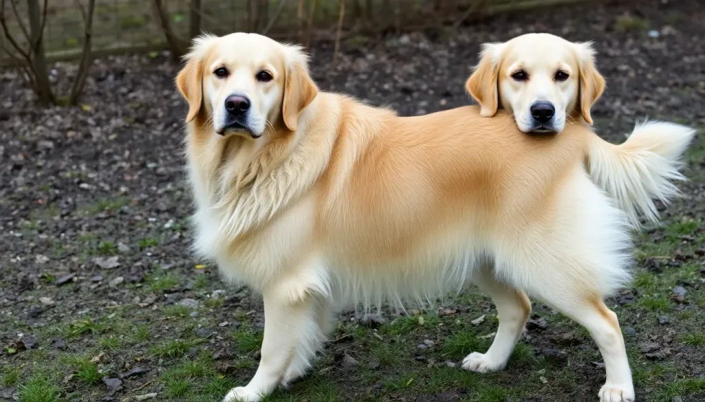 A beautiful Golden Retriever with a thick double coat standing outdoors during spring shedding season with visible loose fur around the neck and chest area