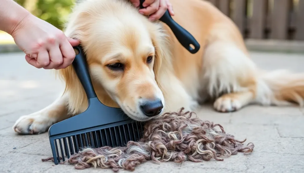 A Golden Retriever being brushed outdoors with an undercoat rake showing a pile of removed loose fur beside the dog
