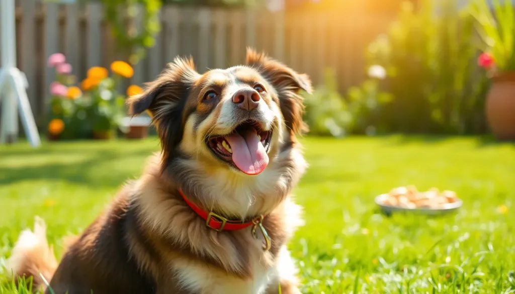 A happy dog sitting in a sunny yard waiting for food
