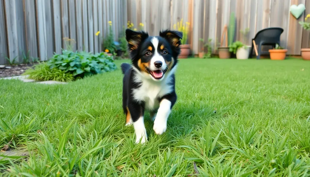 A young border collie puppy playing safely in a fenced backyard with toxic plants removed, garden chemicals secured in a locked shed, and proper outdoor supervision