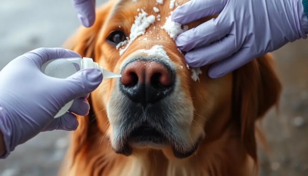 Close-up of hands in rubber gloves applying foaming hydrogen peroxide solution to a wet golden retriever's fur coat, focusing on thorough coverage while avoiding the dog's face
