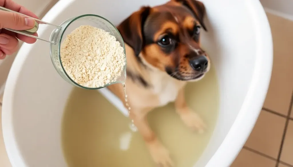 A soothing oatmeal bath being prepared for a dog with a measuring cup of ground oats being poured into warm water in a tub