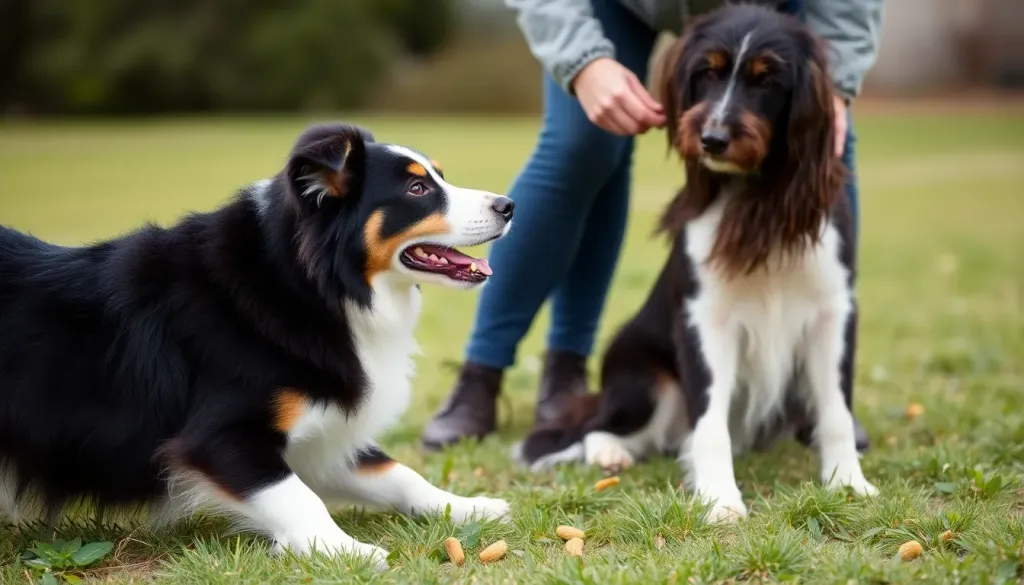 A dog trainer working with an attentive Border Collie practicing the Leave It command outdoors with treats on the ground