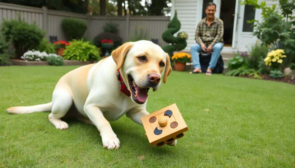 A happy Labrador Retriever playing with a puzzle toy in a well-maintained backyard while the owner supervises nearby