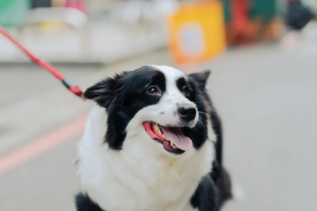 A border collie on a leash looking attentively at owner during leave it command training, with treats on the ground being ignored
