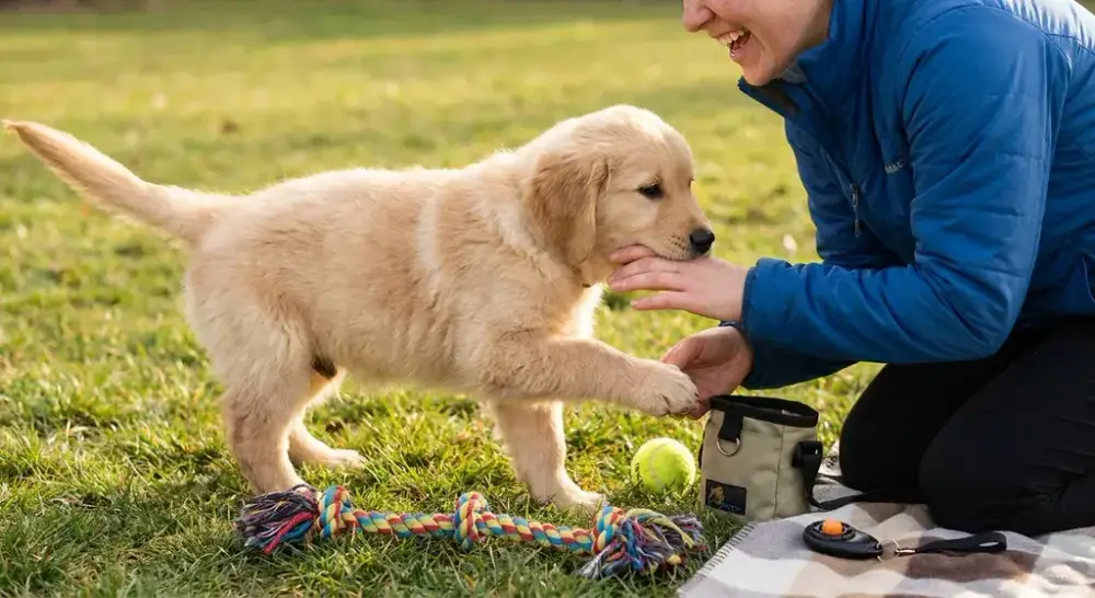 A playful golden retriever puppy gently mouthing a person's hand during a training session with toys nearby